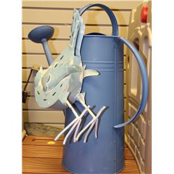 GIANT BLUE METAL WATERING CAN WITH BLUE METAL BIRD