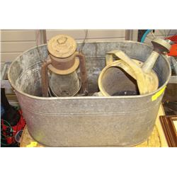 ANTIQUE WASH TUB WITH WATERING CAN,AND LANTERN