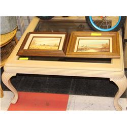 LARGE WOOD AND GLASS TOP COFFEE TABLE