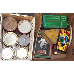 BOX W/LARGE VINTAGE TINS INCL. RARE O-CEDAR MOP X2