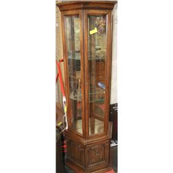 WOOD CURIO W/ 2 GLASS SHELVES, TOP LIGHT & BOTTOM