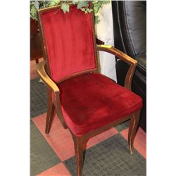 VINTAGE RED VELVET ARM CHAIR - SOLID WOOD