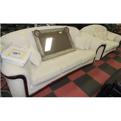 WHITE SOFA  AND LOVESEAT SET WITH WOODEN TRIM