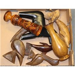 FLAT OF MISC WOODEN ORNAMENTS AND PORCELAIN