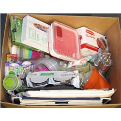 BOX OF NEW HOUSEWARES INCL.TUPPERWARE,LINENS,