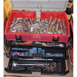 PLANO TOOL BOX WITH ASSORTED TOOLS INCL SOCKETS