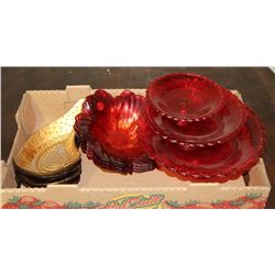 VINTAGE 3 RED PLATE SET WITH RED AND GOLD BOWLS