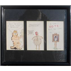 Carol Bundy, Garfield, Turkey and Vote, Three Color Pencil Drawings with Collage