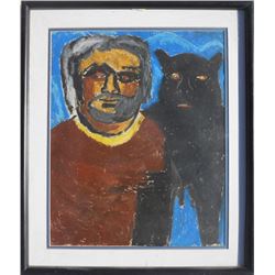 Gregory Corso, Self Portrait with Cat, Gouache Painting