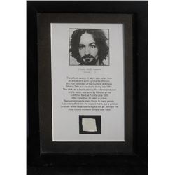 Charles Manson, Piece of Shirt, Fabric Fragment on Print with Dedicated Letter