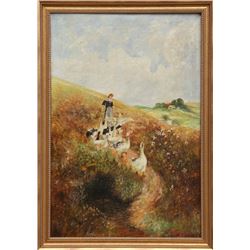 H. Gleim, Woman with Geese, Oil Painting