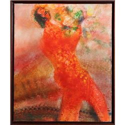 Juan Garcia Ripolles, Red Figure with Flowers, Oil Painting