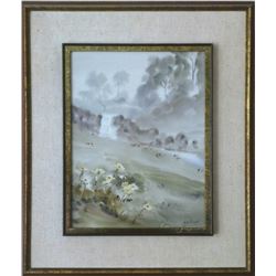 Mariano Ortuzar, Waterfall and Flowers, Watercolor Painting
