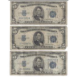 1934 $5 Silver Certificate Currency Lot of 3