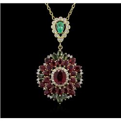 14KT Yellow Gold 16.54ctw Ruby, Emerald, Sapphire and Diamond Pendant With Chain
