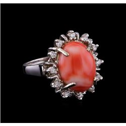 6.18ct Coral and Diamond Ring - 14KT White Gold