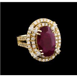 GIA Cert 6.38ct Ruby and Diamond Ring - 14KT Yellow Gold