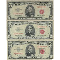 1963 $5 Red Seal Bill Lot of 3