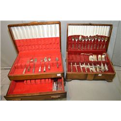 Two walnut canteens for flatware and contents including silverplate