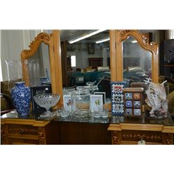 Selection of decor items including Bohemian crystal vase 7 1/2  in height, a pair of glass candlehol