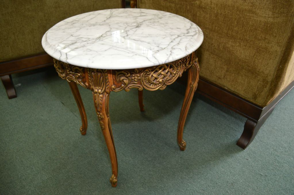 French style semi contemporary round coffee and end table with carved