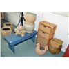 Image 1 : Selection of decor collectibles including outdoor planters, painted bench, basket shelf unit etc.