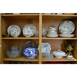Two shelf lot of collectibles including a selection of Spode dinnerware including dinner plates, sid