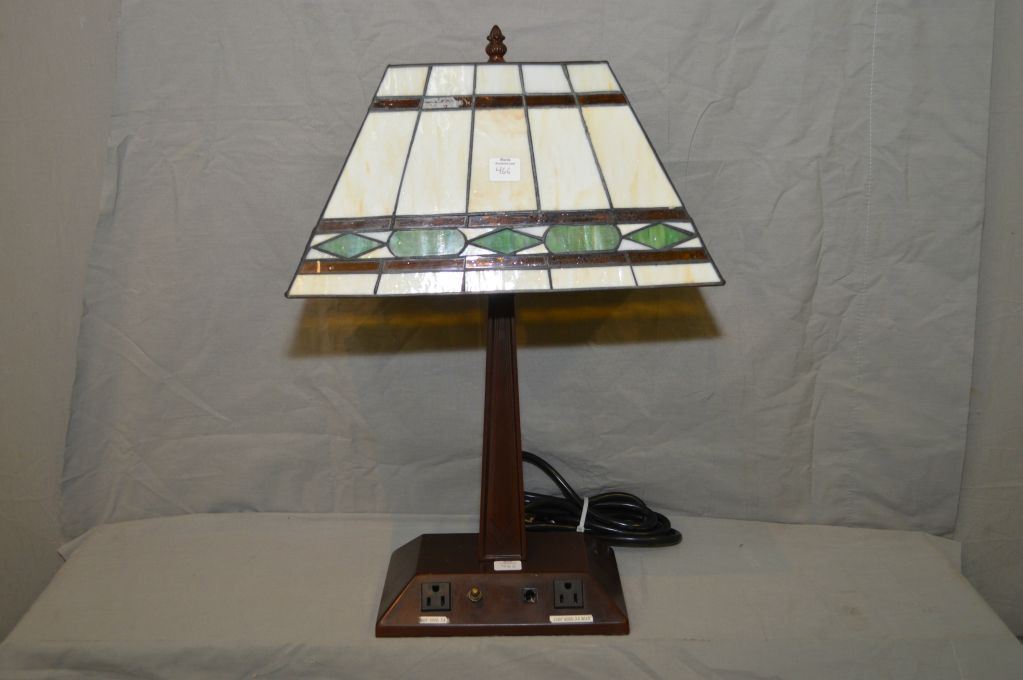Mission style cast office desk lamp with slag glass shade and built in ...