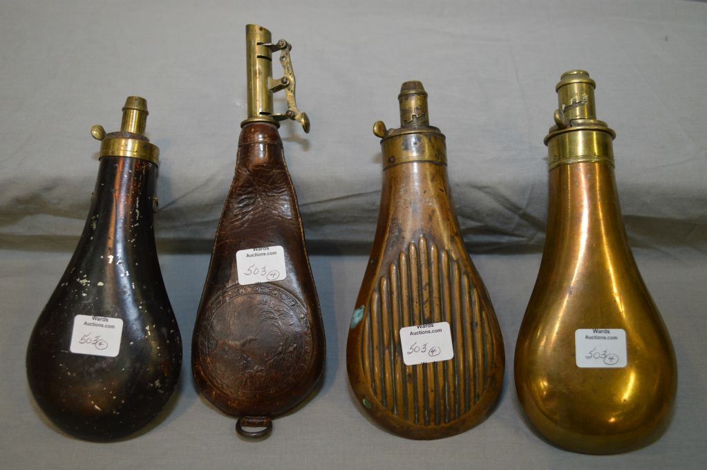Powder Shot Flask Four vintage and antique black powder shot flasks