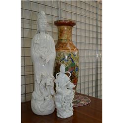 Selection of Asian collectibles including two Asian goddess figurines the tallest being 25 1/2  a 24