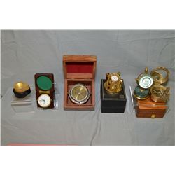 Selection of new brass and collector display items including compasses, clocks and a combination jew