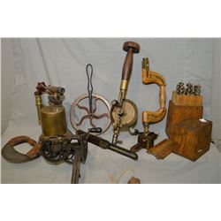 Selection of tools including blow torch, peeler, braces, fitted box of bits etc.