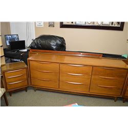 Mid century modern walnut bedroom suite including 9 drawer dresser, two night tables and headboard a