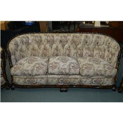 Chanel and button tufted upholstered parlour suite including full sized sofa and two arm chairs each