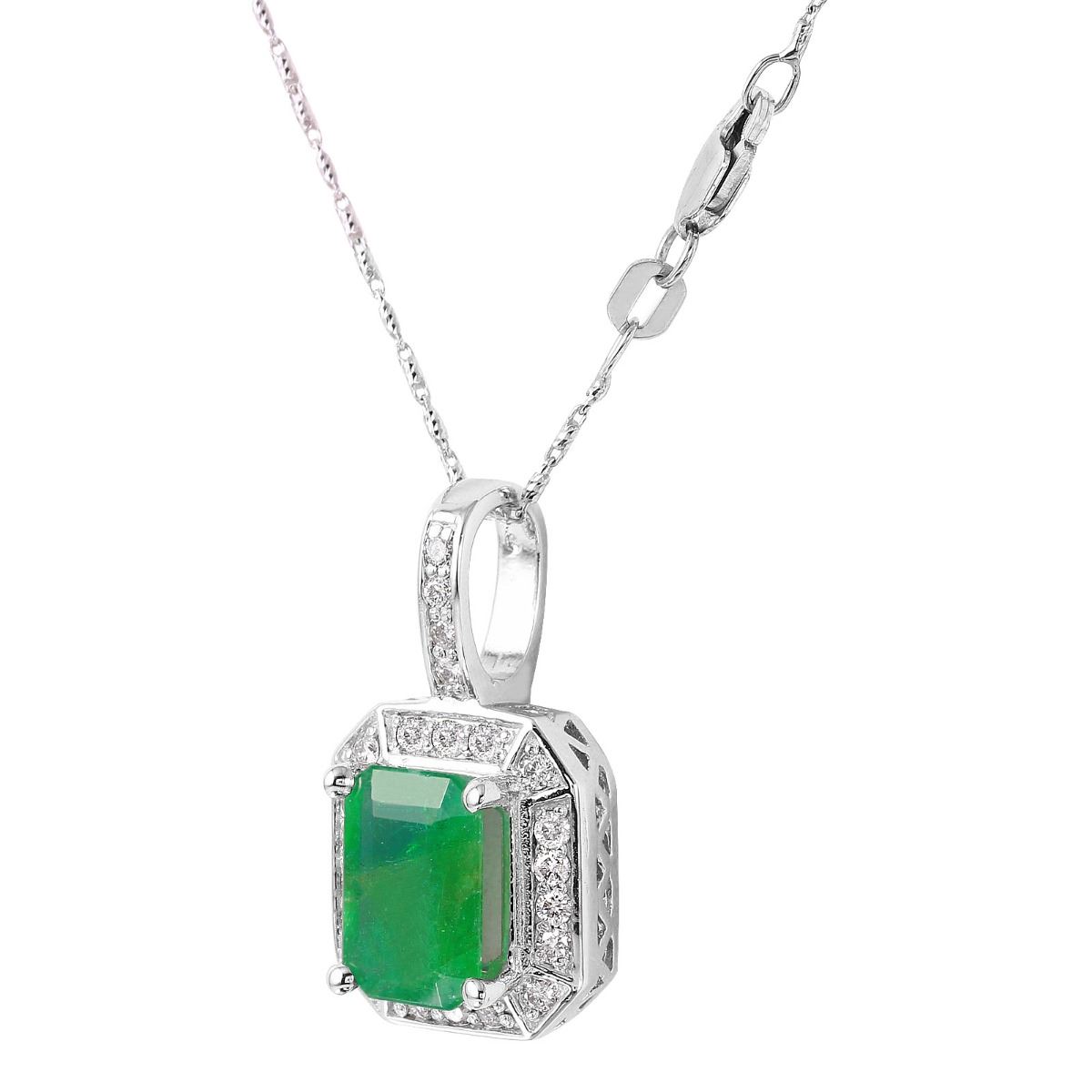 14KT White Gold Emerald and Diamond Pendant and Chain - #1480