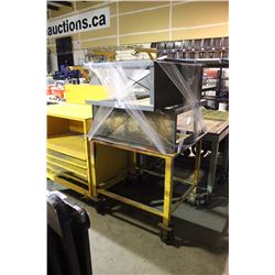 2 METAL WORK TABLES AND YELLOW METAL MOBILE WORK TABLE