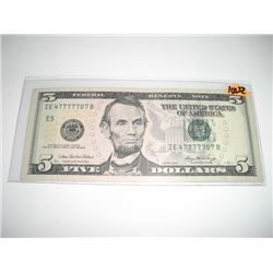 2006 SERIES EXTREMELY RARE *SAME 6 DIGITS SERIAL # 7'S* $5.00 SERIAL # IE47777707B. CURRENCY BILL CA