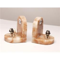 Pair Bookends Alabaster & Spaniels