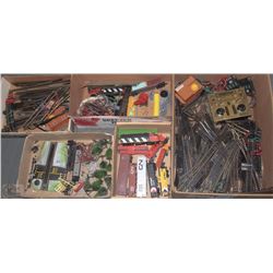 FIVE BOXES OF MODEL TRAIN CARS, ENGINES, TRACKS, &