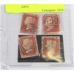 LOT OF 4 1858 QUEEN VICTORIA 1 CENT STAMPS