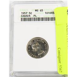 F)1957 CANADA 5 CENTS ANACS MS65
