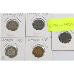 LOT OF 5 GERMAN 10 PFENNIG COINS