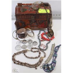 HAND CARVED WOODEN JEWELLERY BOX WITH HANDLE