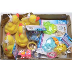 FLAT OF NEW BABY TOYS, RATTLES, AND TEETHERS