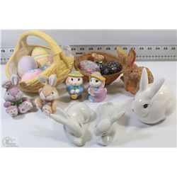 FLAT OF BUNNIES EGGS, AND CERAMIC EASTER BASKET