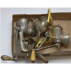 TRAY OF UNIVERSAL & MAJOR MEAT GRINDERS