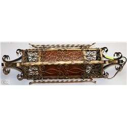 VINTAGE WROUGHT IRON AND STAINED GLASS HANGING LIGHT