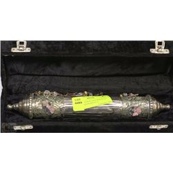 ANTIQUE SCROLL HOLDER WITH BEADED HANGERS IN A