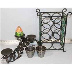 WROUGHT IRON WINE BOTTLE HOLDER AND CANDLE HOLDER