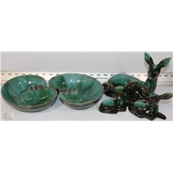 TRAY OF BLUE MOUNTAIN POTTERY DEER AND ASHTRAYS